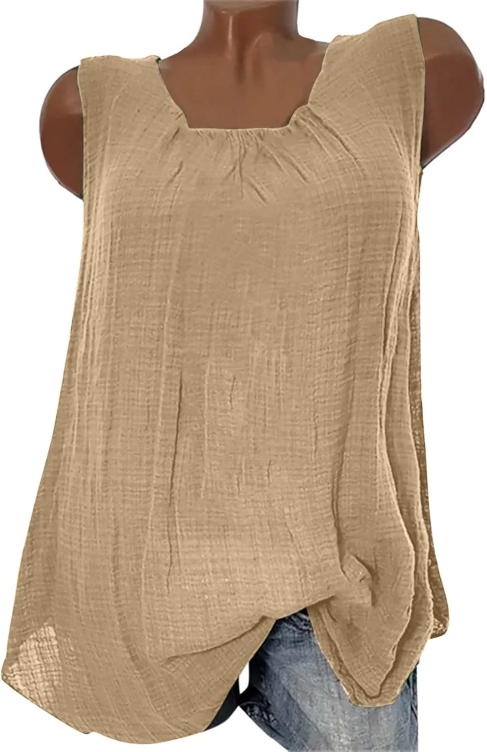 DASAYO Women's Sleeveless Linen Tank Tops Solid Color Crewneck Loose Tshirt Tanks Flowy Retro Gauze Going Out Shirt Blouse