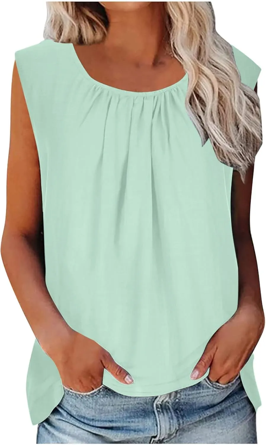 DASAYO Women's Sleeveless Linen Tank Tops Solid Color Crewneck Loose Tshirt Tanks Flowy Retro Gauze Going Out Shirt Blouse