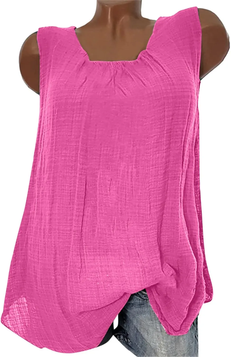 DASAYO Women's Sleeveless Linen Tank Tops Solid Color Crewneck Loose Tshirt Tanks Flowy Retro Gauze Going Out Shirt Blouse