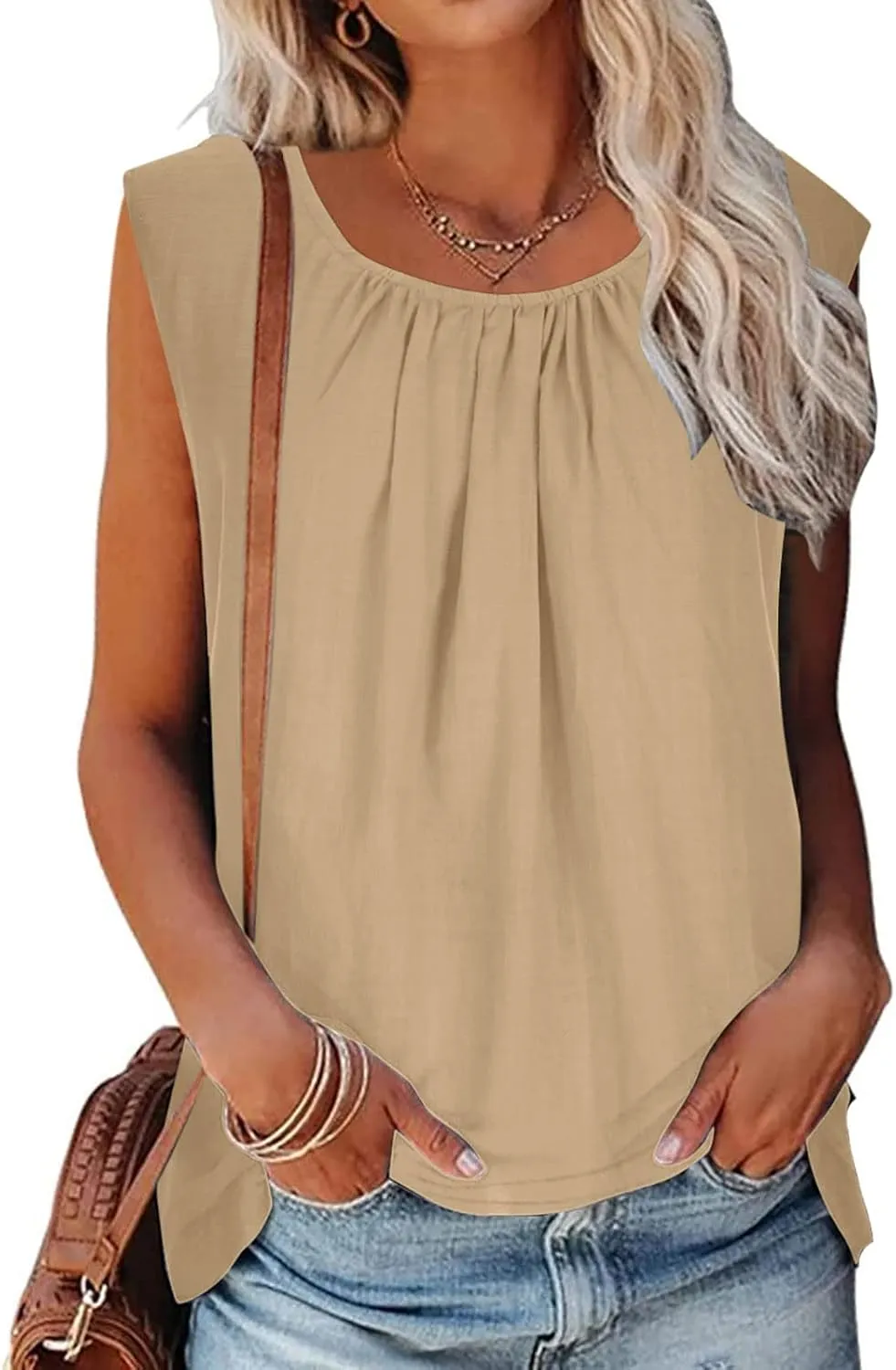 DASAYO Women's Sleeveless Linen Tank Tops Solid Color Crewneck Loose Tshirt Tanks Flowy Retro Gauze Going Out Shirt Blouse