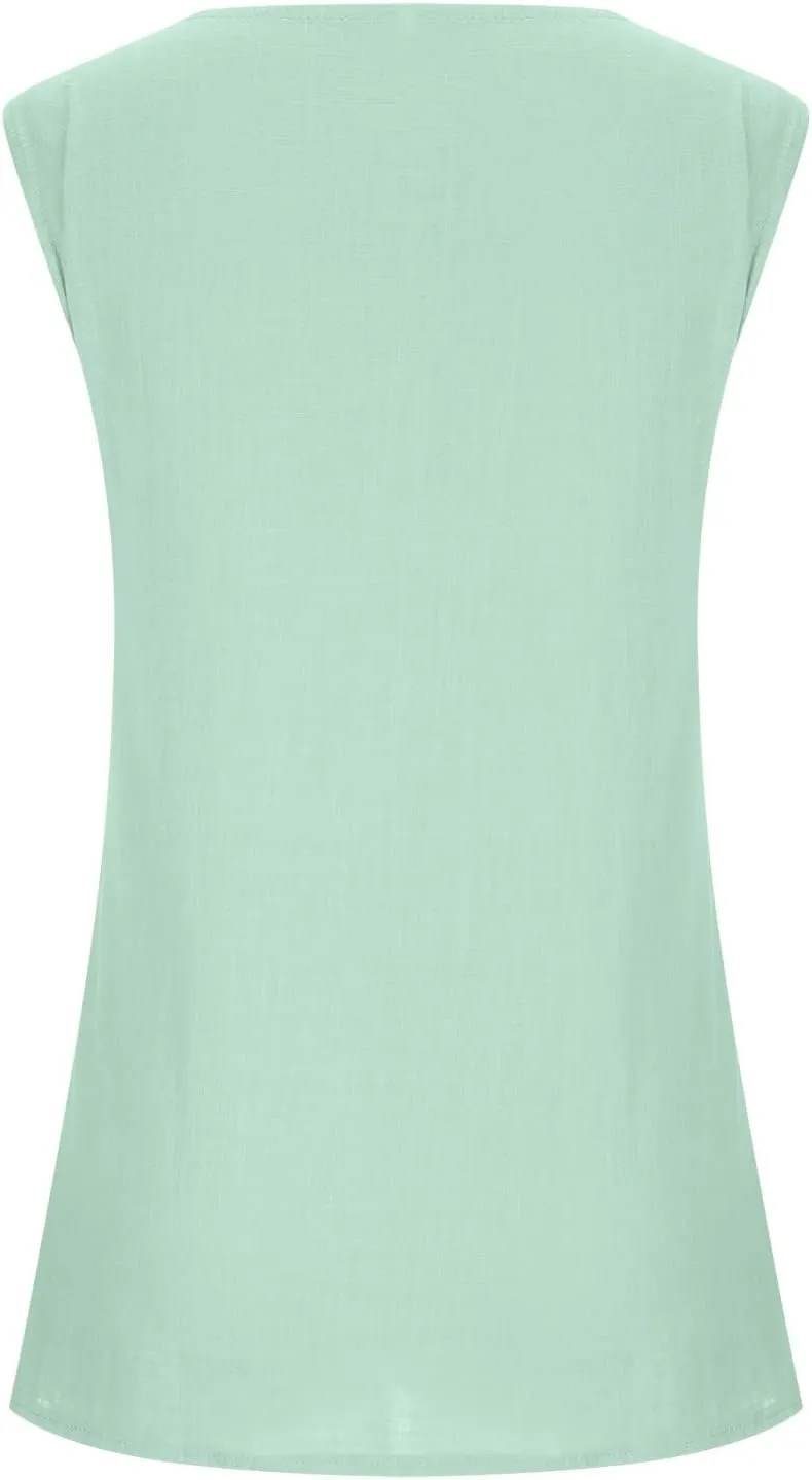 DASAYO Women's Sleeveless Linen Tank Tops Solid Color Crewneck Loose Tshirt Tanks Flowy Retro Gauze Going Out Shirt Blouse