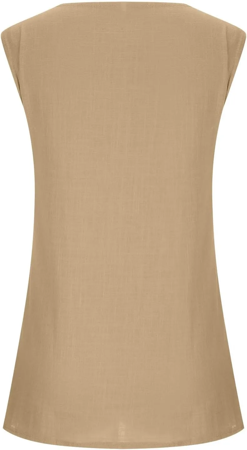 DASAYO Women's Sleeveless Linen Tank Tops Solid Color Crewneck Loose Tshirt Tanks Flowy Retro Gauze Going Out Shirt Blouse