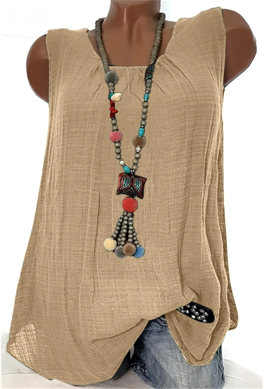 DASAYO Women's Sleeveless Linen Tank Tops Solid Color Crewneck Loose Tshirt Tanks Flowy Retro Gauze Going Out Shirt Blouse