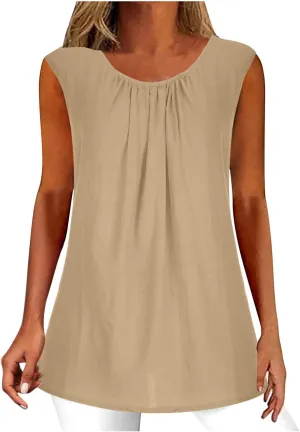 DASAYO Women's Sleeveless Linen Tank Tops Solid Color Crewneck Loose Tshirt Tanks Flowy Retro Gauze Going Out Shirt Blouse