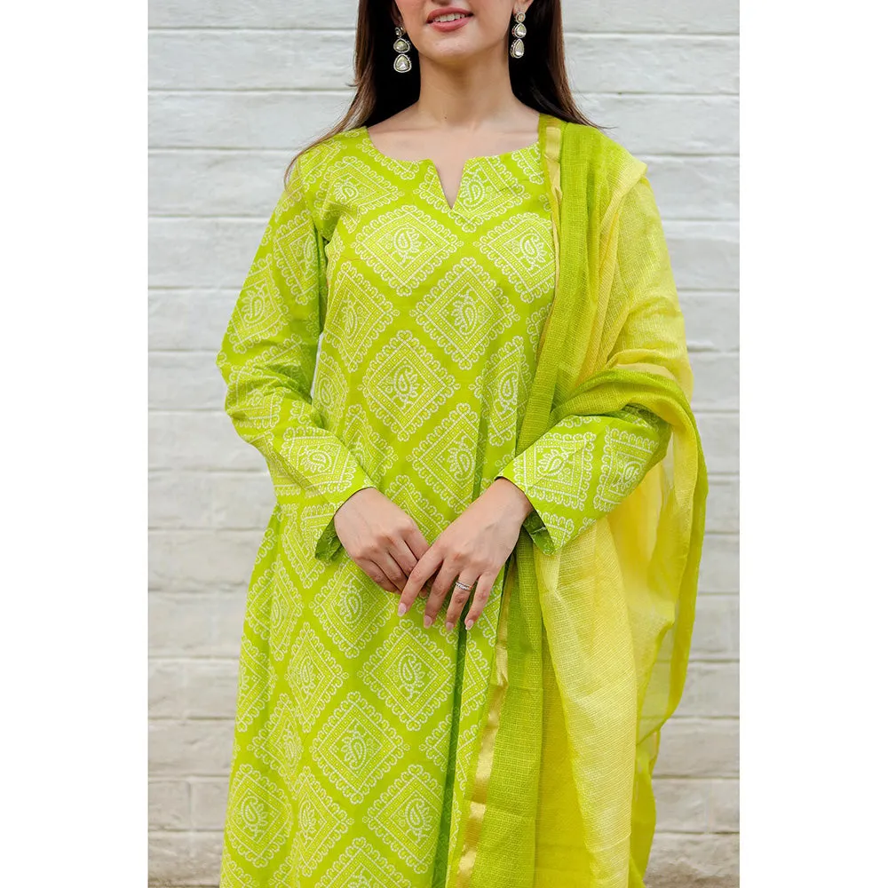 DIMPLE DESIGN STUDIO Lime Green Bandhej Suit (Set of 3)