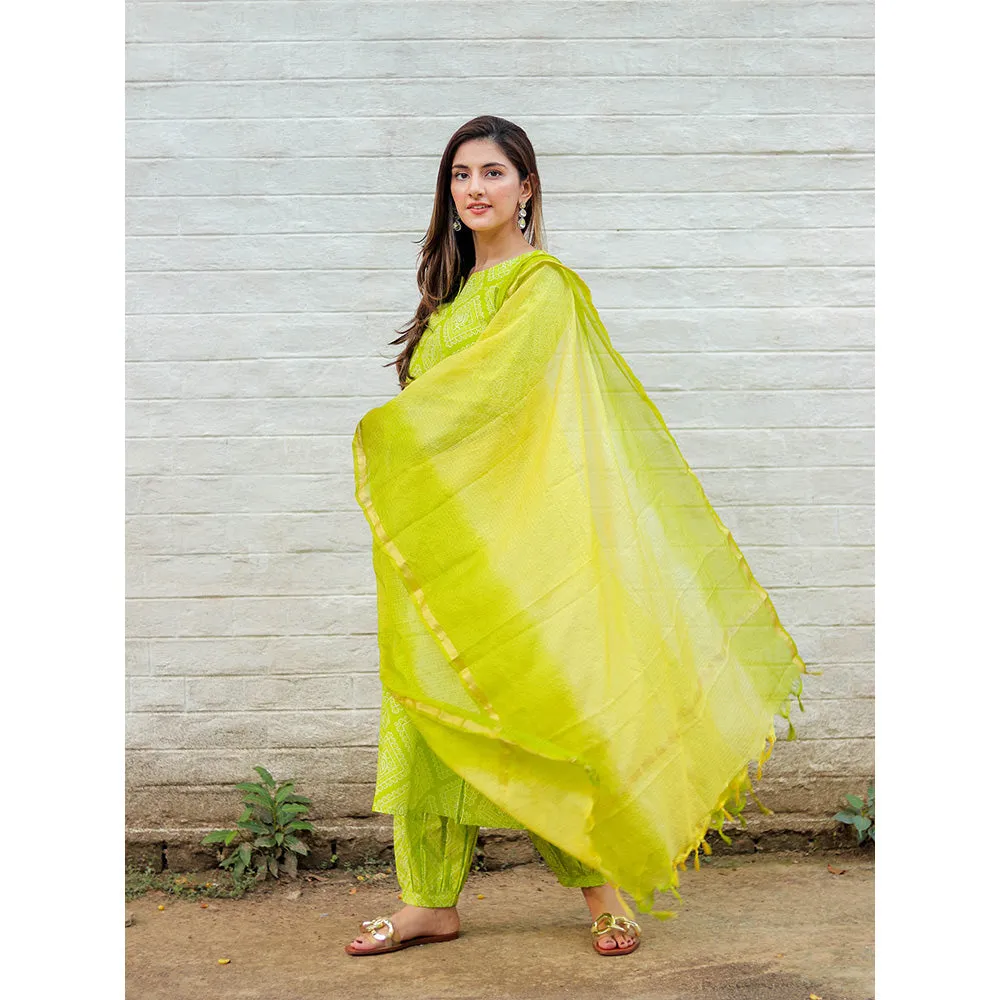 DIMPLE DESIGN STUDIO Lime Green Bandhej Suit (Set of 3)