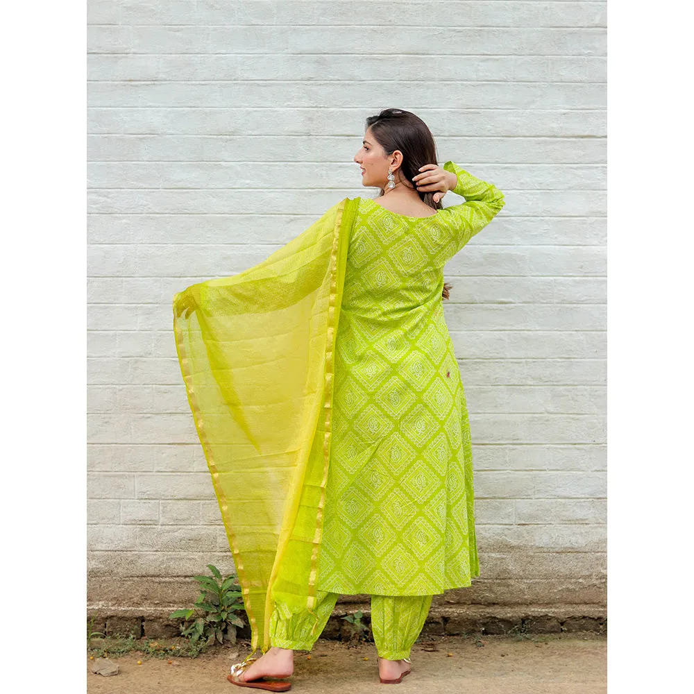 DIMPLE DESIGN STUDIO Lime Green Bandhej Suit (Set of 3)