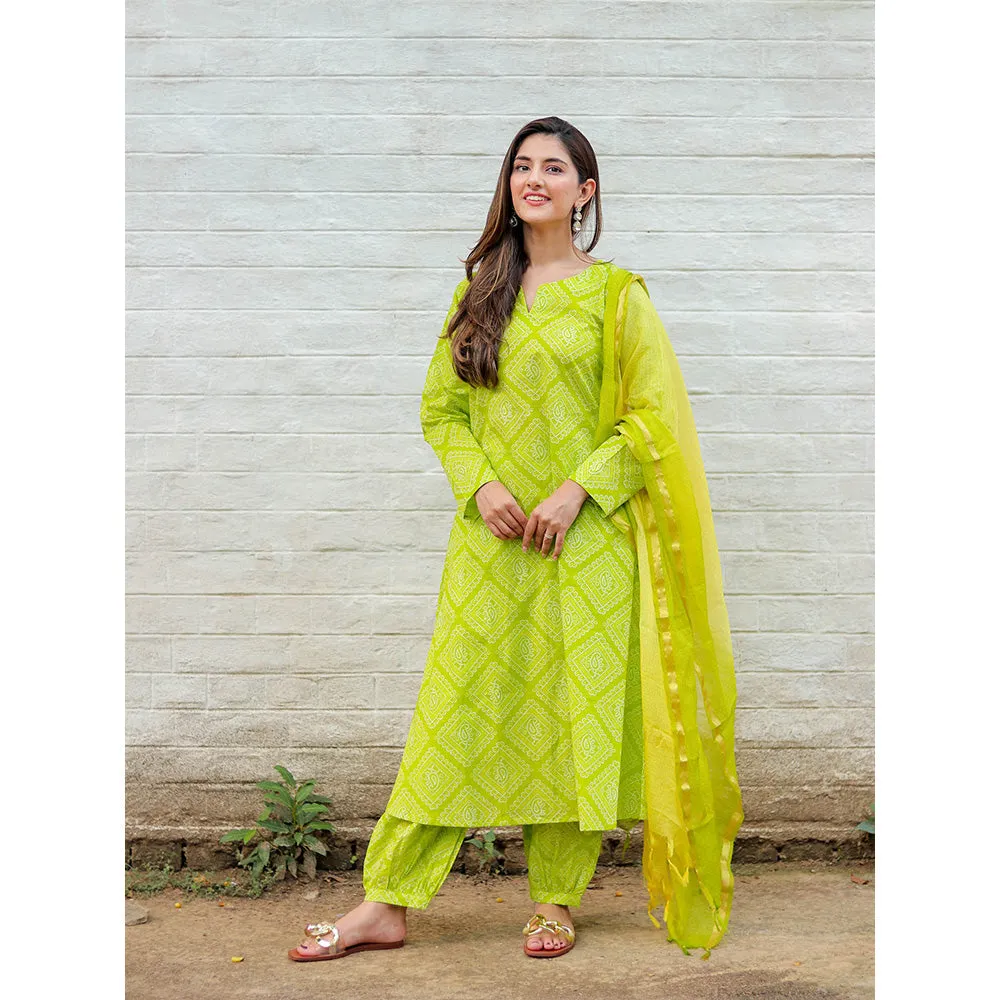 DIMPLE DESIGN STUDIO Lime Green Bandhej Suit (Set of 3)