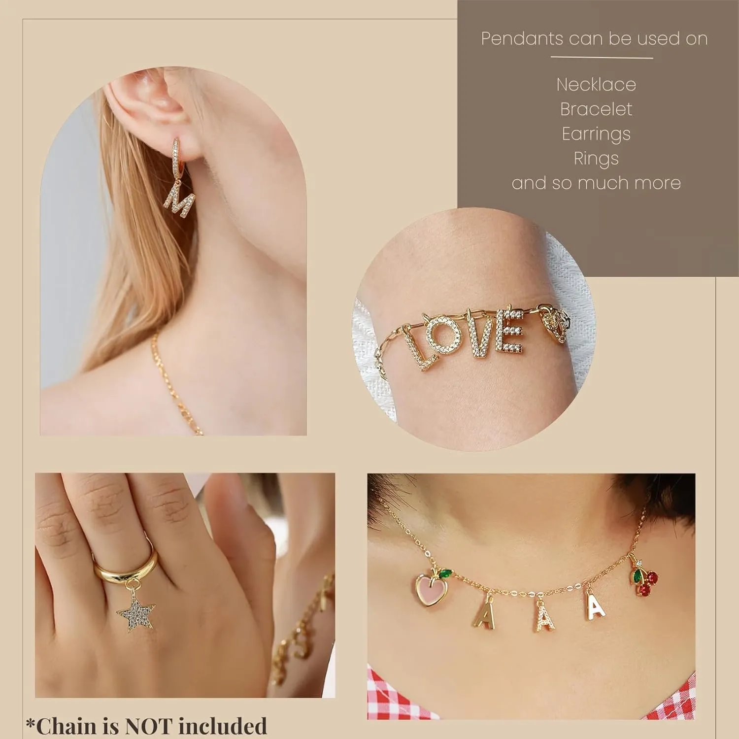 DIY 18K Gold Initial Pendants, Custom Letter Pendants Charms, Pendant Necklace for Women, Personalized Monogram Letters, Gold Jewelry for Women, Gift for Birthday, Christmas