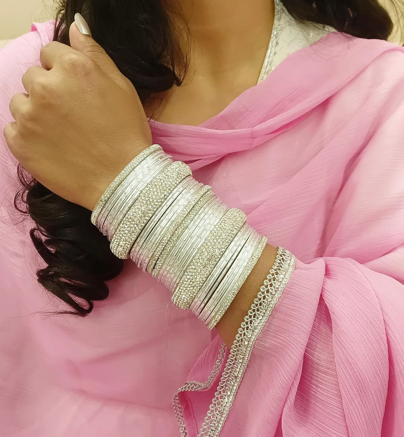 Efulgenz Bridal Indian Bangles Set Rhinestone Bollywood Indian Bangles for Women Crystal Plain Metal Bangles Bracelet Wedding Jewelry for Women (30 Pcs)