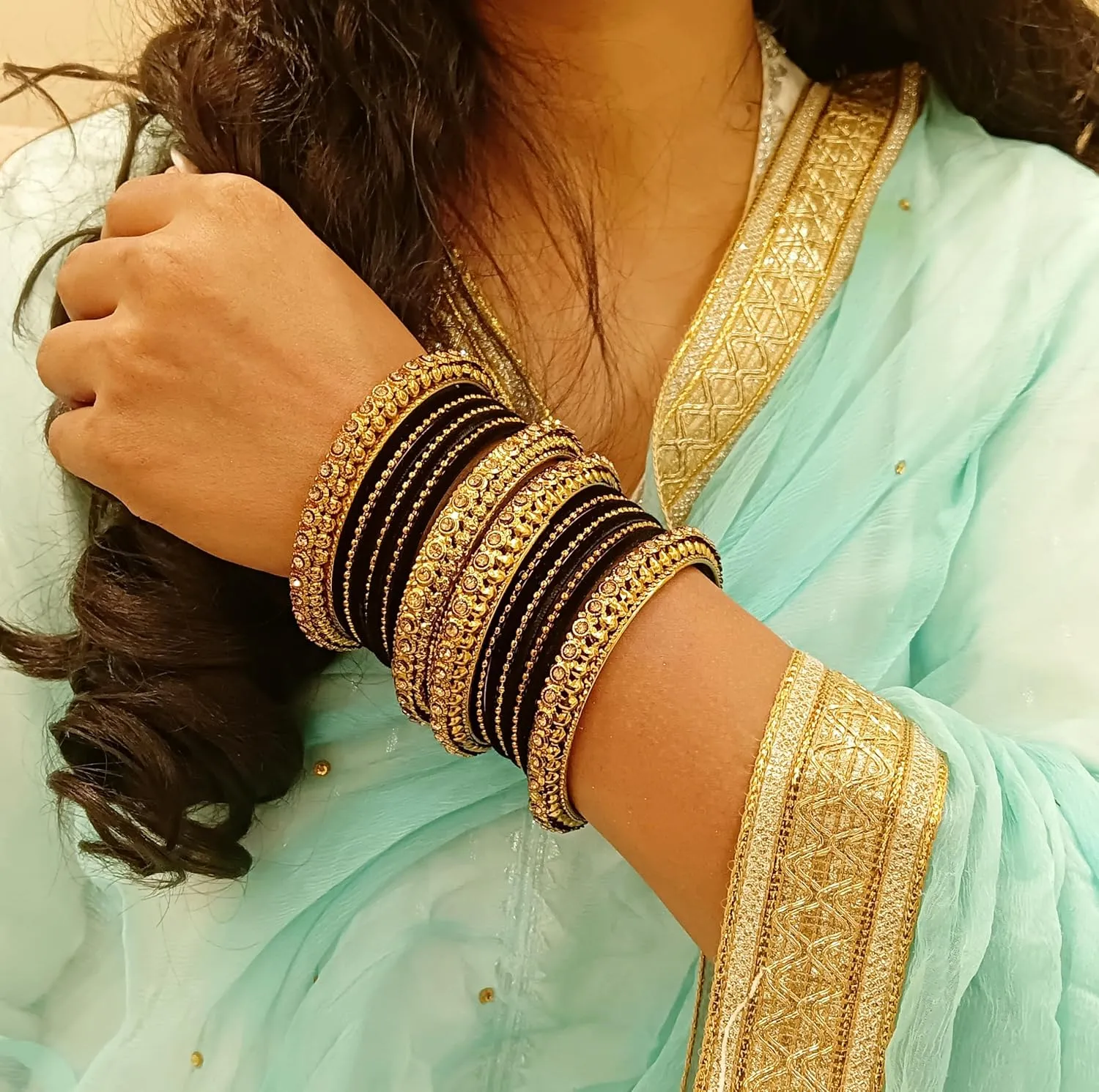Efulgenz Indian Oxidized Bangle Bracelet Set for Women Boho Punk Crystal Studded Bangles Metal Ball Bangles Fashion Statement Jewelry for Women (18 Pcs)