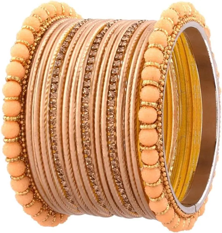 Efulgenz Indian Wedding Bridal Bangle Set for Women Traditional Beaded Bangles Rhinestone Bracelet Plain Matte Finish Metal Bangle Bracelet Bollywood Jewelry