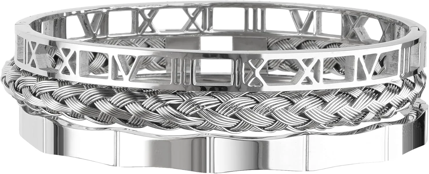 Enigma Mens Bracelet, Bracelet Stack, Roman Numerals Stainless Steel Cable Chain, Easy Hook Clasp, Set of 3, Adjustable Cuff Bangles, Hermes Style Jewelry For Men, Bangles For Gifts
