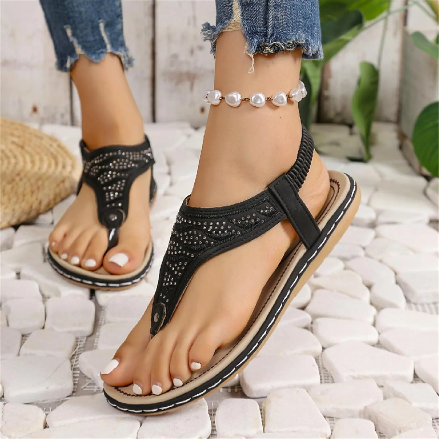 Flat Sandals for Women Arch Support Sandals Casual Elastic Strappy Sandal Flip Flops Summer Comfortable Breathable Ankle Strap Beach Shoes Orthopedic Comfortable Walking Shoe