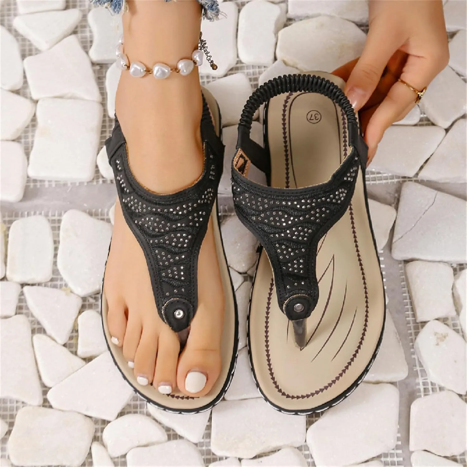 Flat Sandals for Women Arch Support Sandals Casual Elastic Strappy Sandal Flip Flops Summer Comfortable Breathable Ankle Strap Beach Shoes Orthopedic Comfortable Walking Shoe