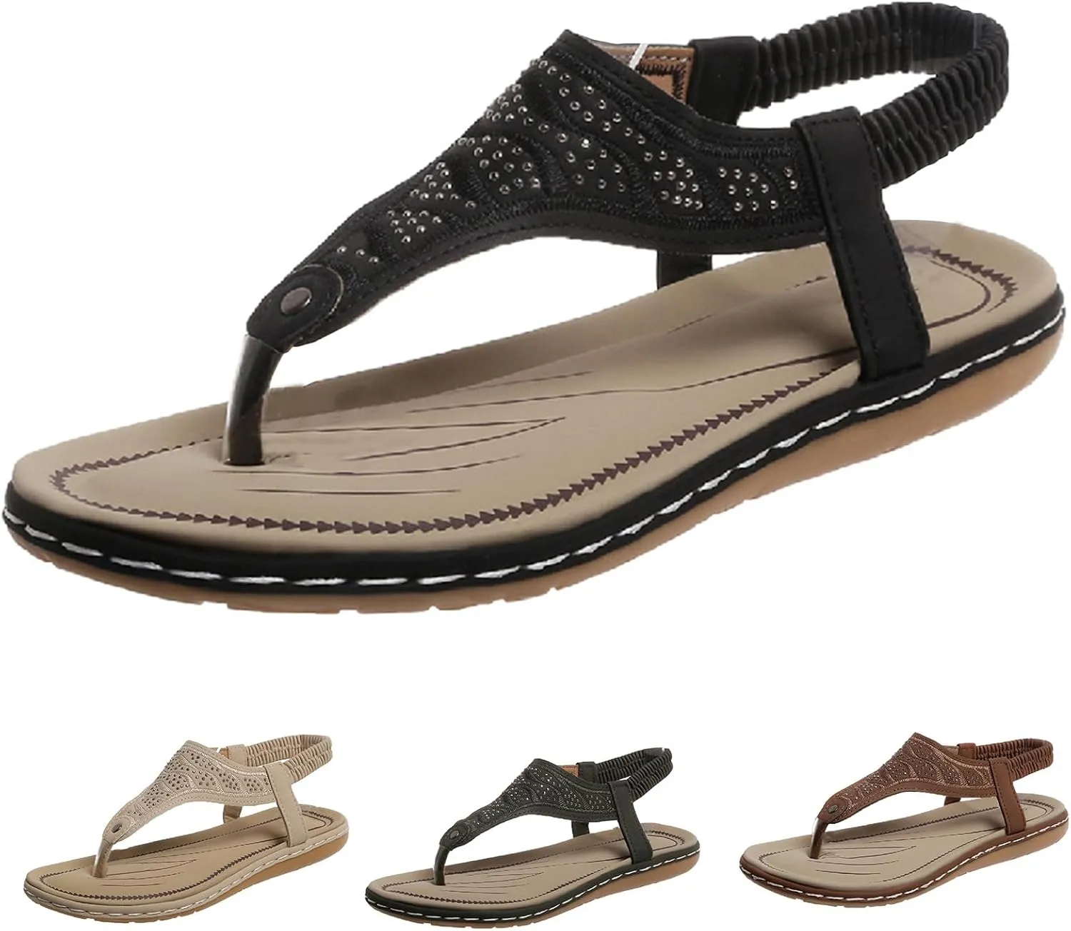 Flat Sandals for Women Arch Support Sandals Casual Elastic Strappy Sandal Flip Flops Summer Comfortable Breathable Ankle Strap Beach Shoes Orthopedic Comfortable Walking Shoe