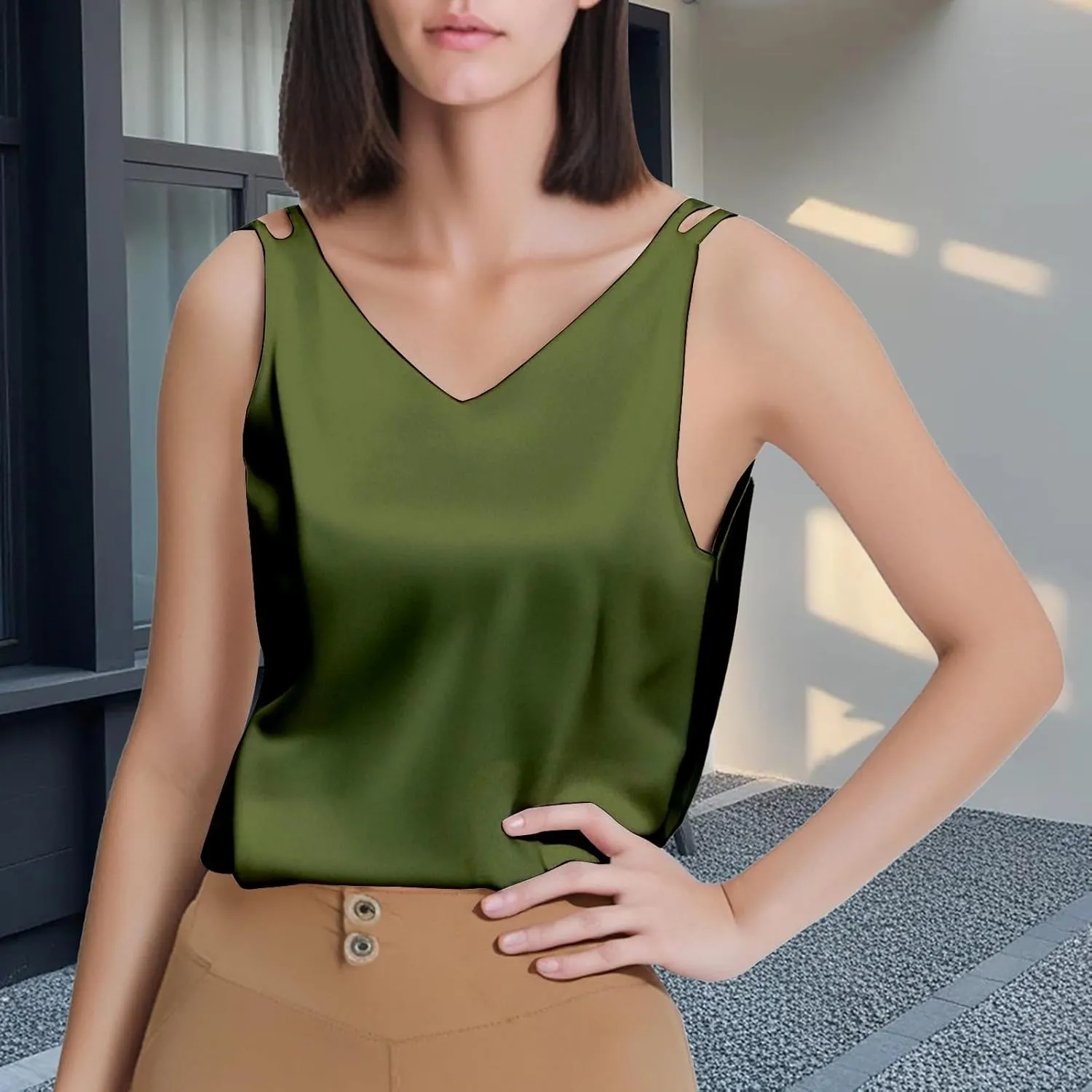 Flattering Tank Tops for Women V Neck Satin Silk Flowy 2025 Summer Outfits Plus Size Lightweight Loose Fit Clothes