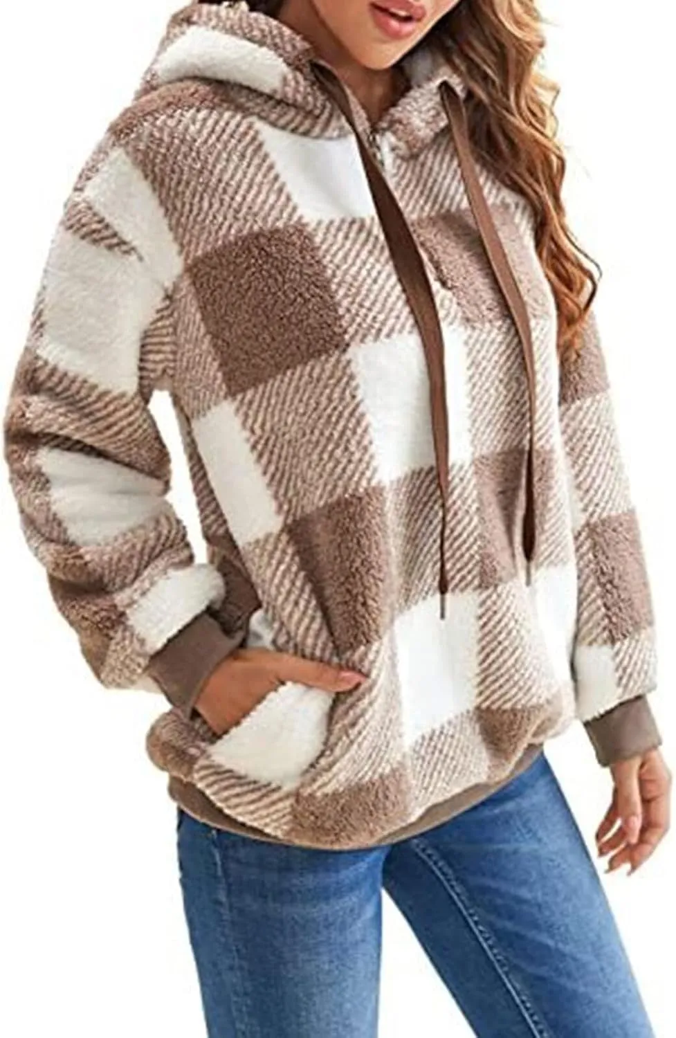 Fleece Hoodies for Women Plaid Long Sleeve Hoodie Casual Half Zip Sweatshirts Winter Sherpa Pullover