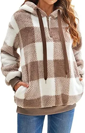 Fleece Hoodies for Women Plaid Long Sleeve Hoodie Casual Half Zip Sweatshirts Winter Sherpa Pullover