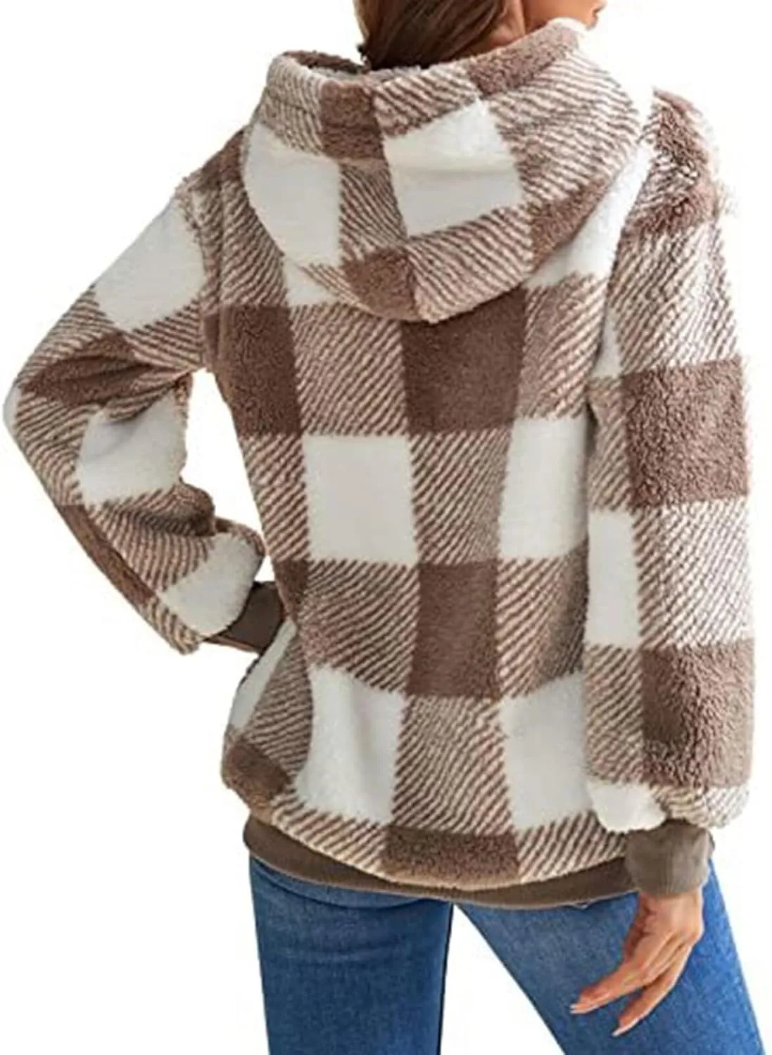 Fleece Hoodies for Women Plaid Long Sleeve Hoodie Casual Half Zip Sweatshirts Winter Sherpa Pullover