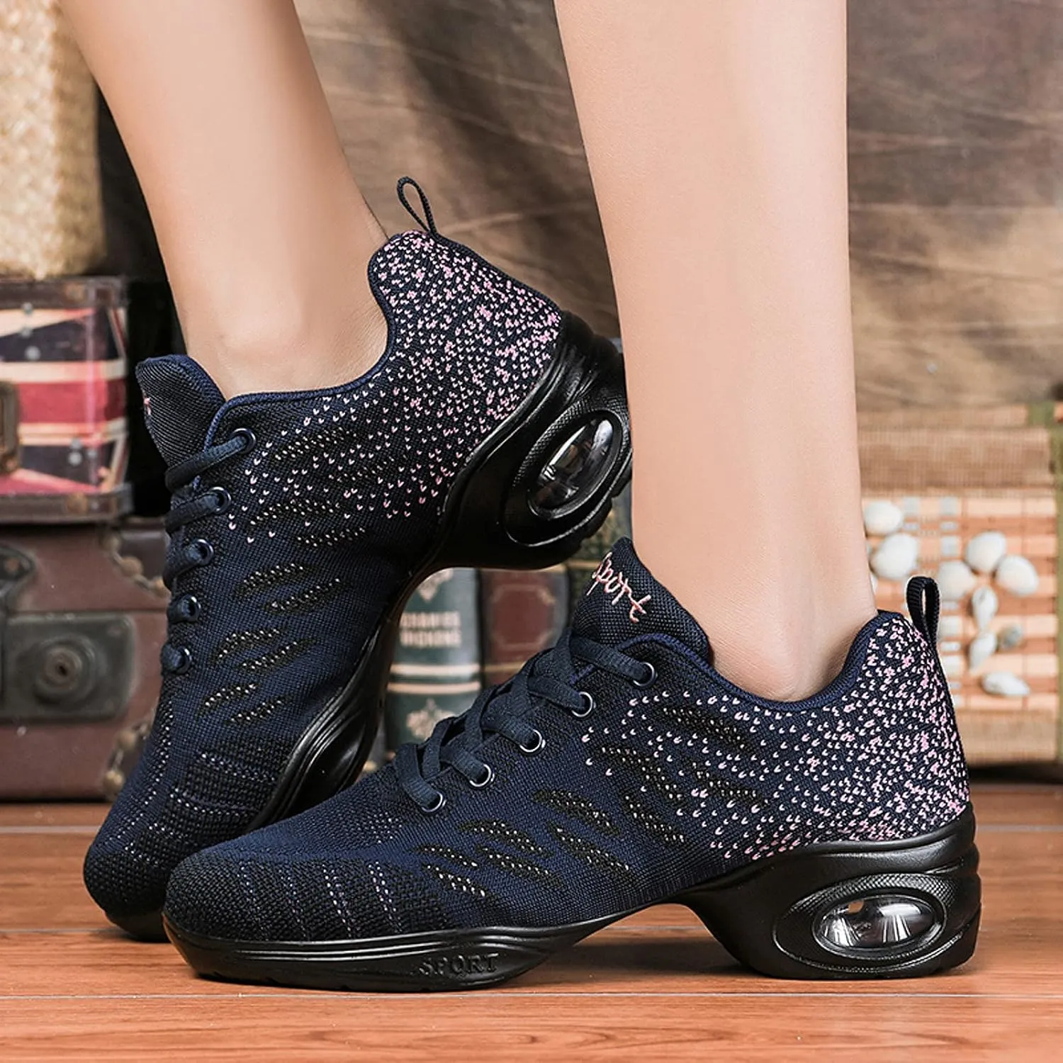 FLIOZY Women's Jazz Shoes Lace-up Platform Air Cushion Dance Shoes Breathable Athletic Fitness Yoga Walking Sneaker