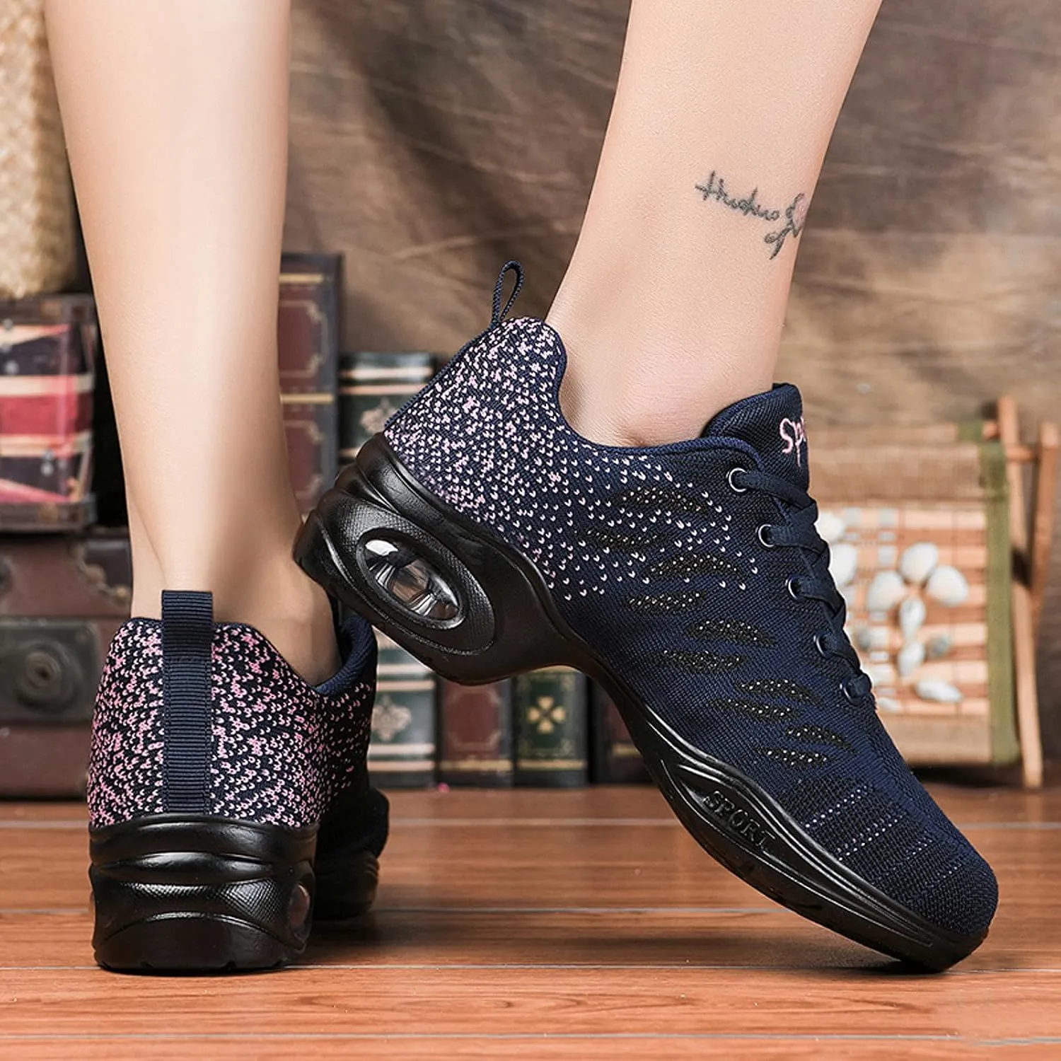 FLIOZY Women's Jazz Shoes Lace-up Platform Air Cushion Dance Shoes Breathable Athletic Fitness Yoga Walking Sneaker