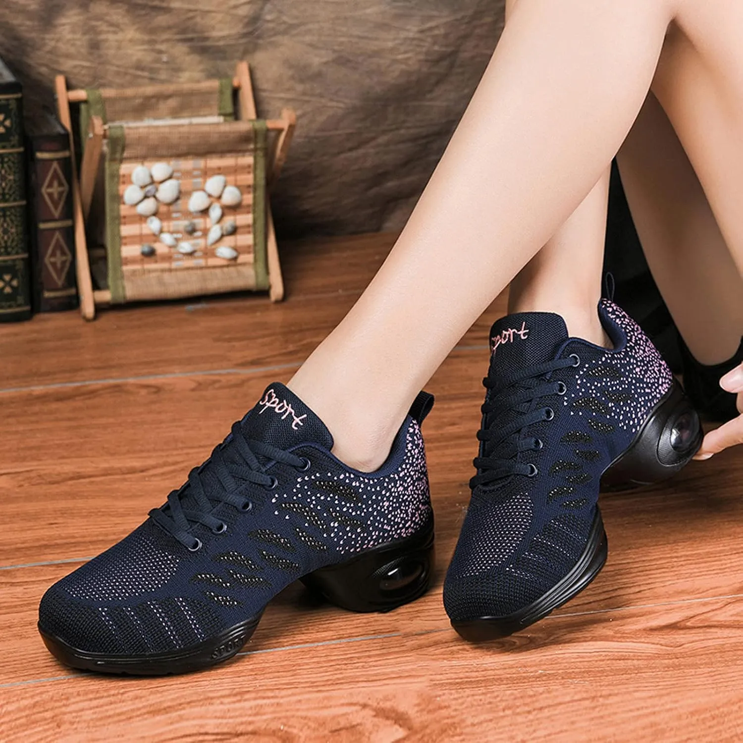 FLIOZY Women's Jazz Shoes Lace-up Platform Air Cushion Dance Shoes Breathable Athletic Fitness Yoga Walking Sneaker