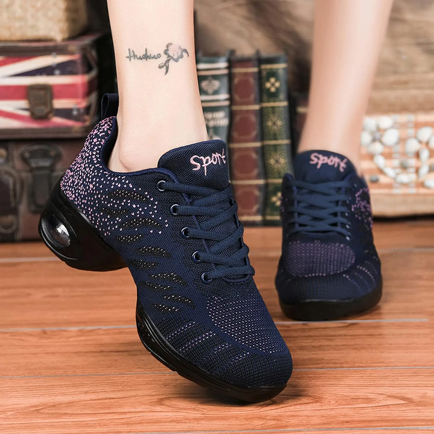 FLIOZY Women's Jazz Shoes Lace-up Platform Air Cushion Dance Shoes Breathable Athletic Fitness Yoga Walking Sneaker