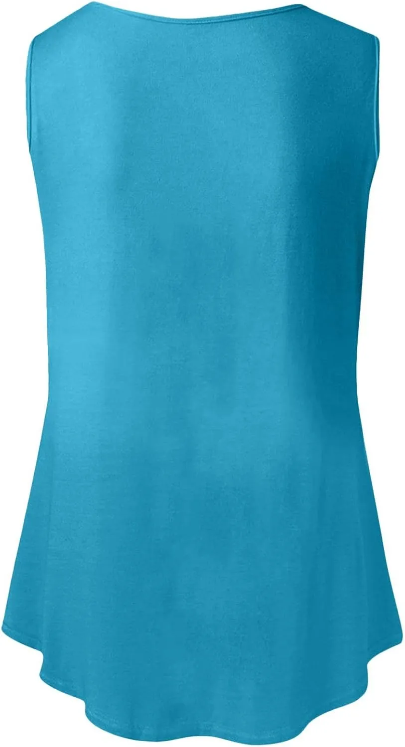 Flowy Tops for Women Scoop Neck Sleeveless Summer Causal Shirts Loose Fitting Long Tank Tops Trendy Vacation Clothing