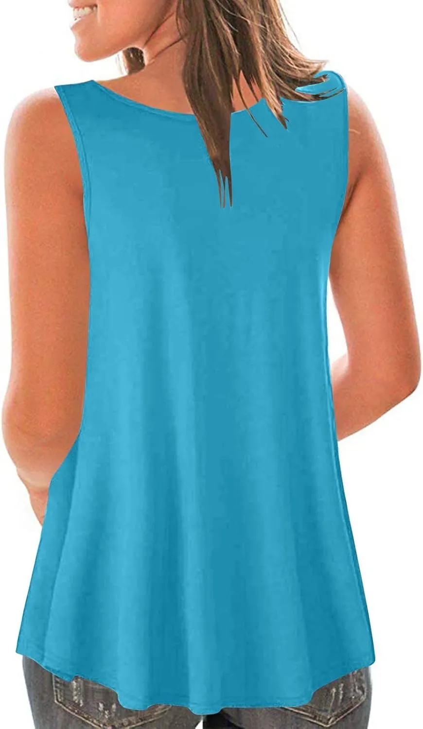Flowy Tops for Women Scoop Neck Sleeveless Summer Causal Shirts Loose Fitting Long Tank Tops Trendy Vacation Clothing