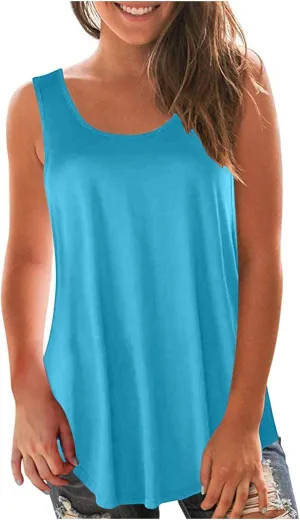 Flowy Tops for Women Scoop Neck Sleeveless Summer Causal Shirts Loose Fitting Long Tank Tops Trendy Vacation Clothing