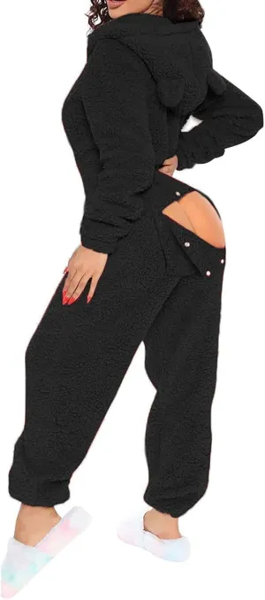 Fluffy Onesie for Women with Butt Flap Bodycon Romper Sleepwear Ladies Pajamas Trap Door Pajama