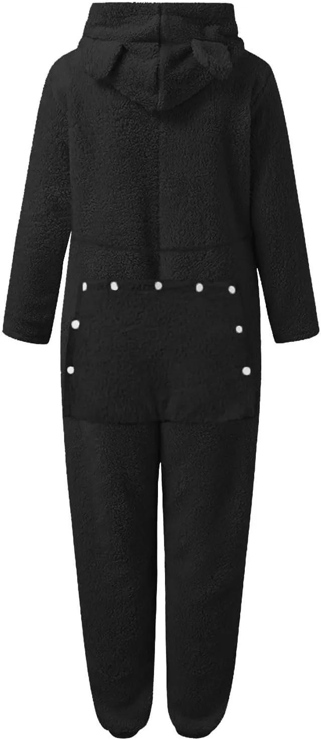 Fluffy Onesie for Women with Butt Flap Bodycon Romper Sleepwear Ladies Pajamas Trap Door Pajama