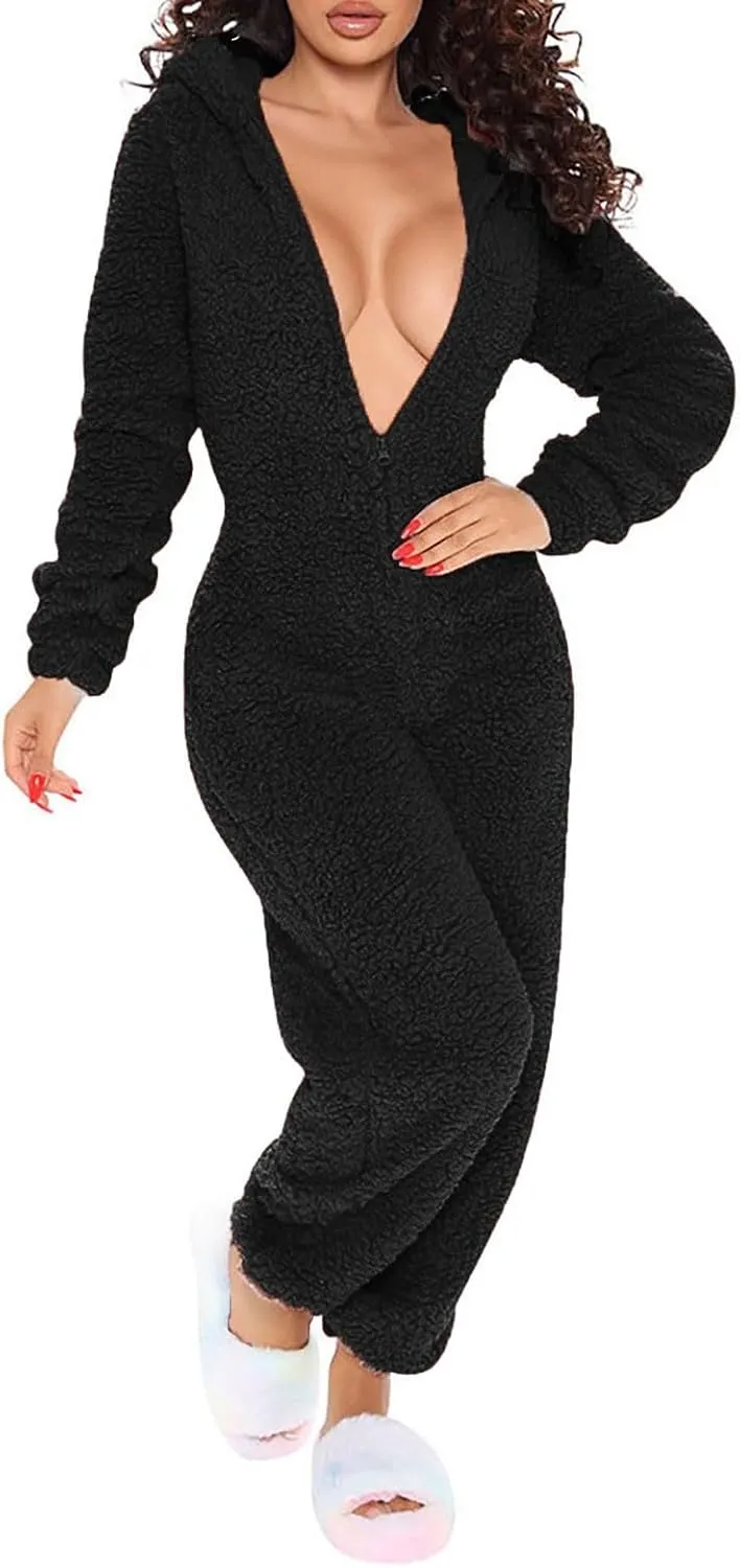 Fluffy Onesie for Women with Butt Flap Bodycon Romper Sleepwear Ladies Pajamas Trap Door Pajama