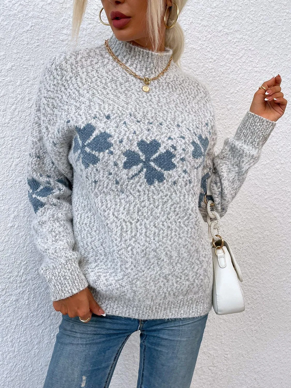 Four Leaf Clover Mock Neck Sweater