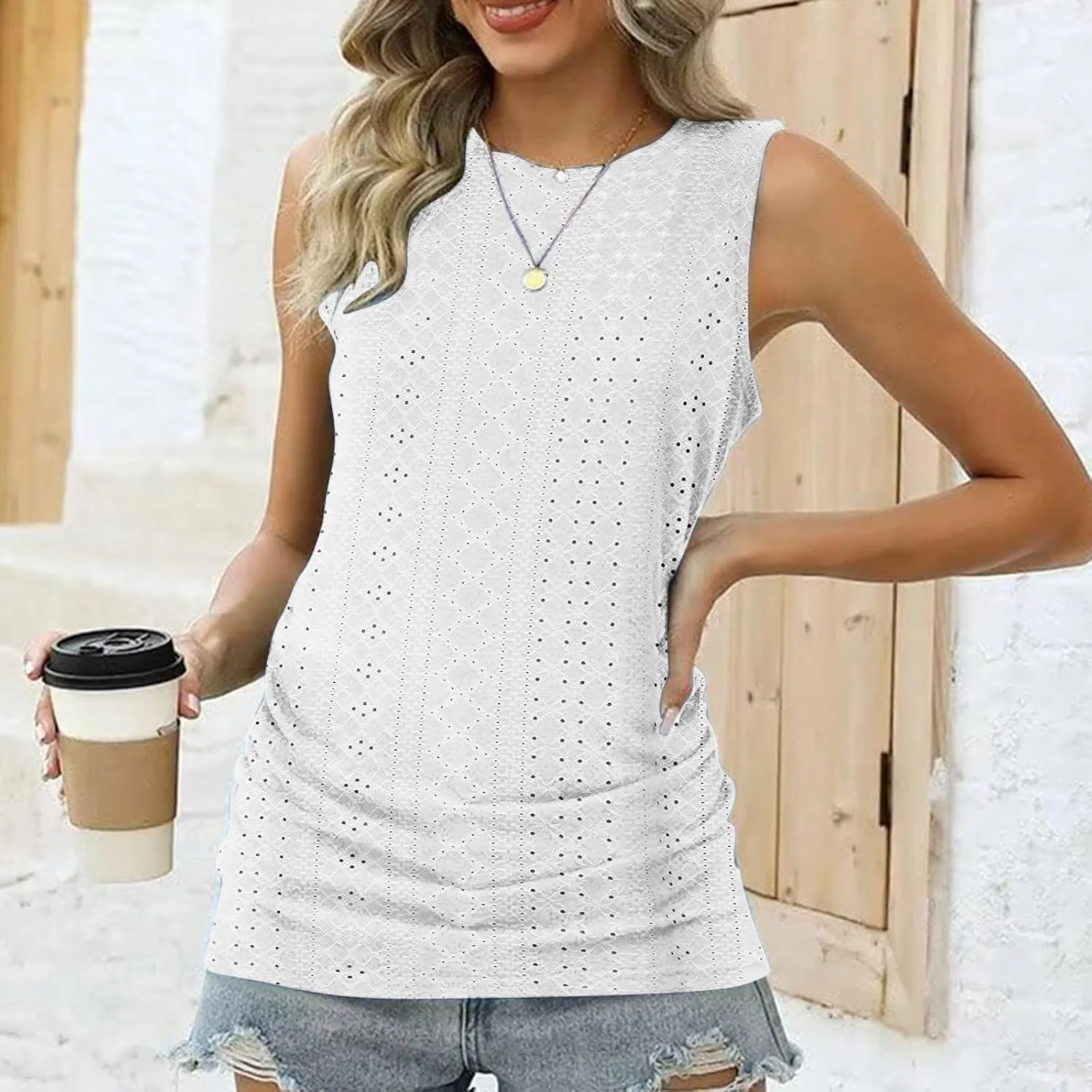 Gcvizuso Tank Top for Women Casual Sleeveless Loose Tie Long High Scoop Neck Shirt Summer Solid Top 2024 Fashion Blouse