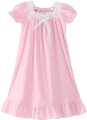 Girls Nightgowns Sleepwear Summer Princess Sleep Dress Lace Ruffle Short Sleeve Pajamas Kids Soft Nightgown