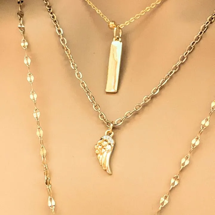Gold Angel Wing & Cross Layered Necklace Set (Small 16 inch-18 inch-24 inch)