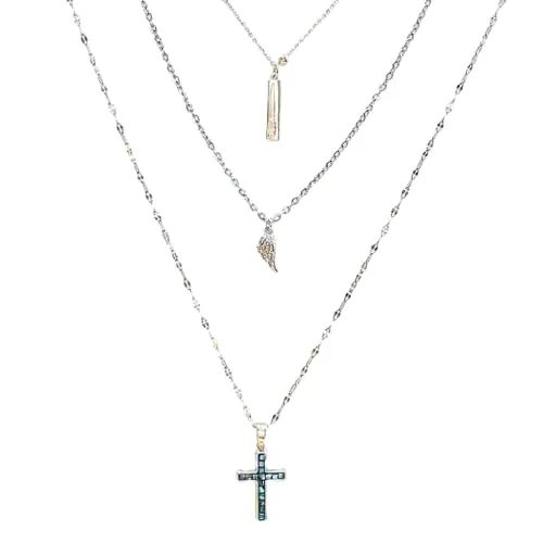 Gold Angel Wing & Cross Layered Necklace Set (Small 16 inch-18 inch-24 inch)