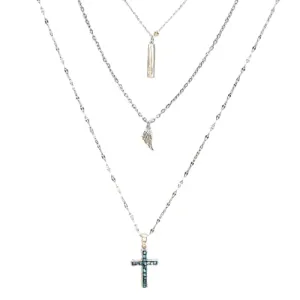 Gold Angel Wing & Cross Layered Necklace Set (Small 16 inch-18 inch-24 inch)