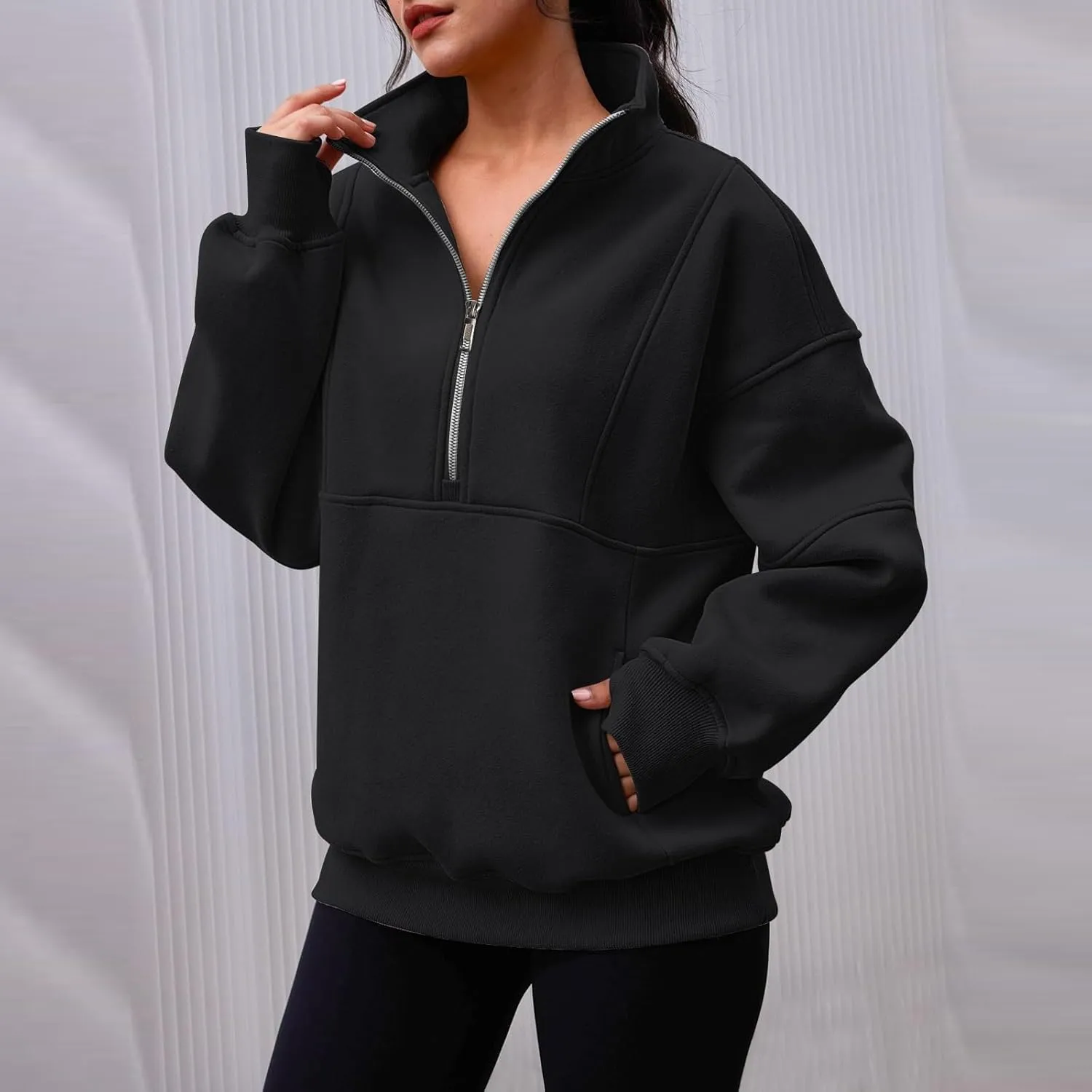 Half Zip Pullover Women Cropped Fleece Oversized Sweatshirt Long Sleeve Thumb Hole Quarter Zipper Hoodies with Pockets