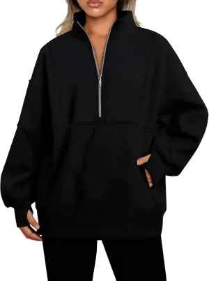 Half Zip Pullover Women Cropped Fleece Oversized Sweatshirt Long Sleeve Thumb Hole Quarter Zipper Hoodies with Pockets