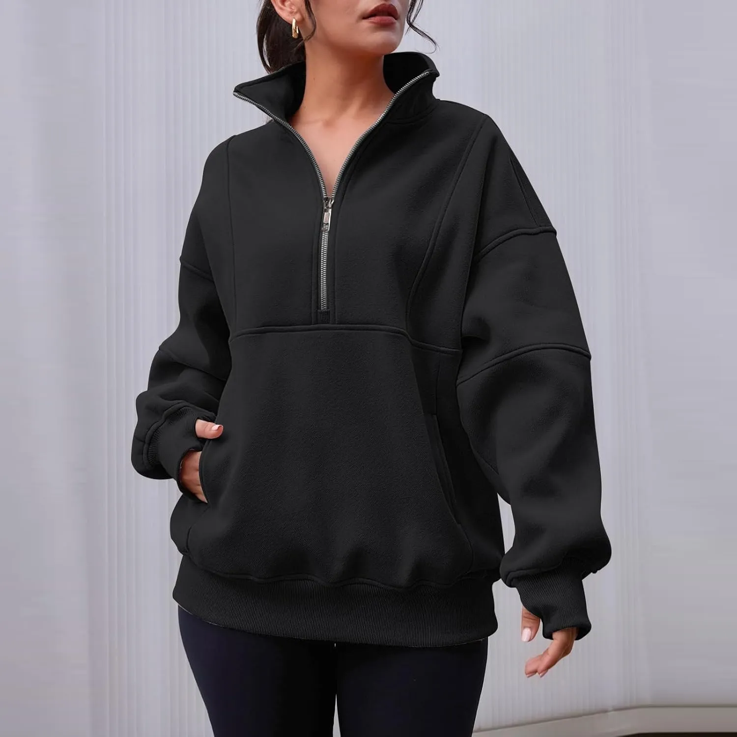 Half Zip Pullover Women Cropped Fleece Oversized Sweatshirt Long Sleeve Thumb Hole Quarter Zipper Hoodies with Pockets