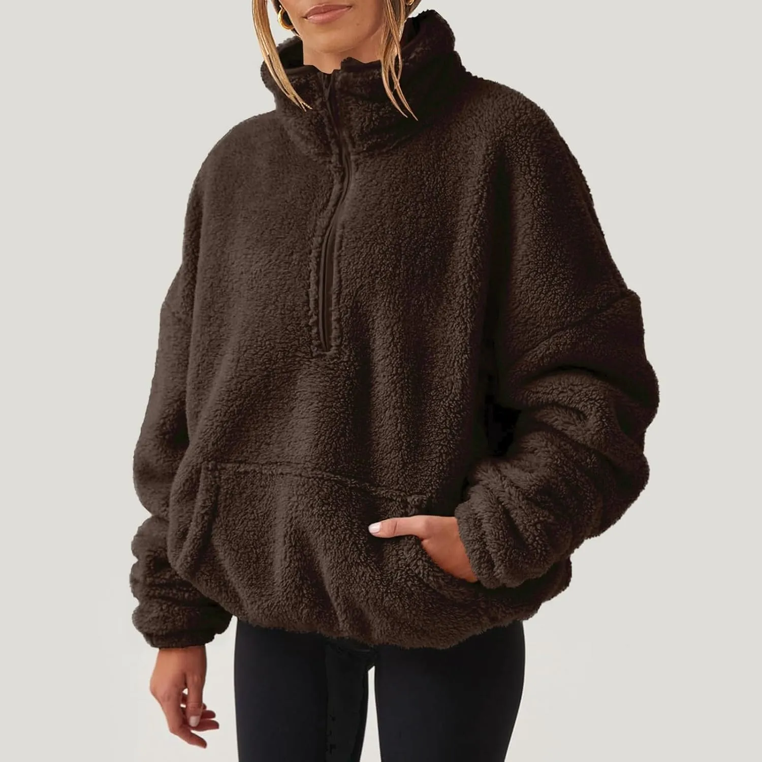Half Zip Sweatshirt Women Fuzzy Pullover Fleece Sweatshirts Loose Fit Zipper Faux Fur Warm Clothes Winter Tops