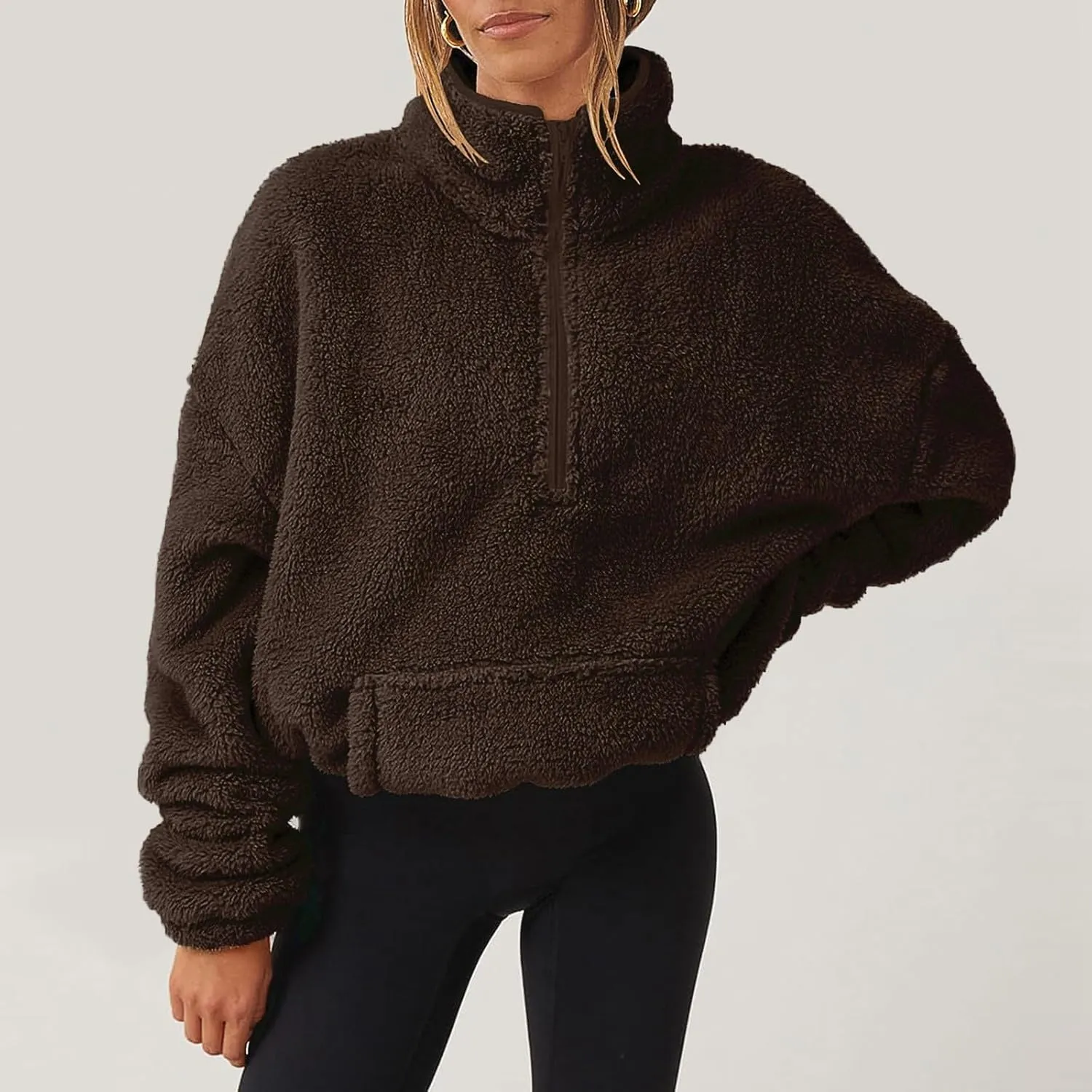Half Zip Sweatshirt Women Fuzzy Pullover Fleece Sweatshirts Loose Fit Zipper Faux Fur Warm Clothes Winter Tops
