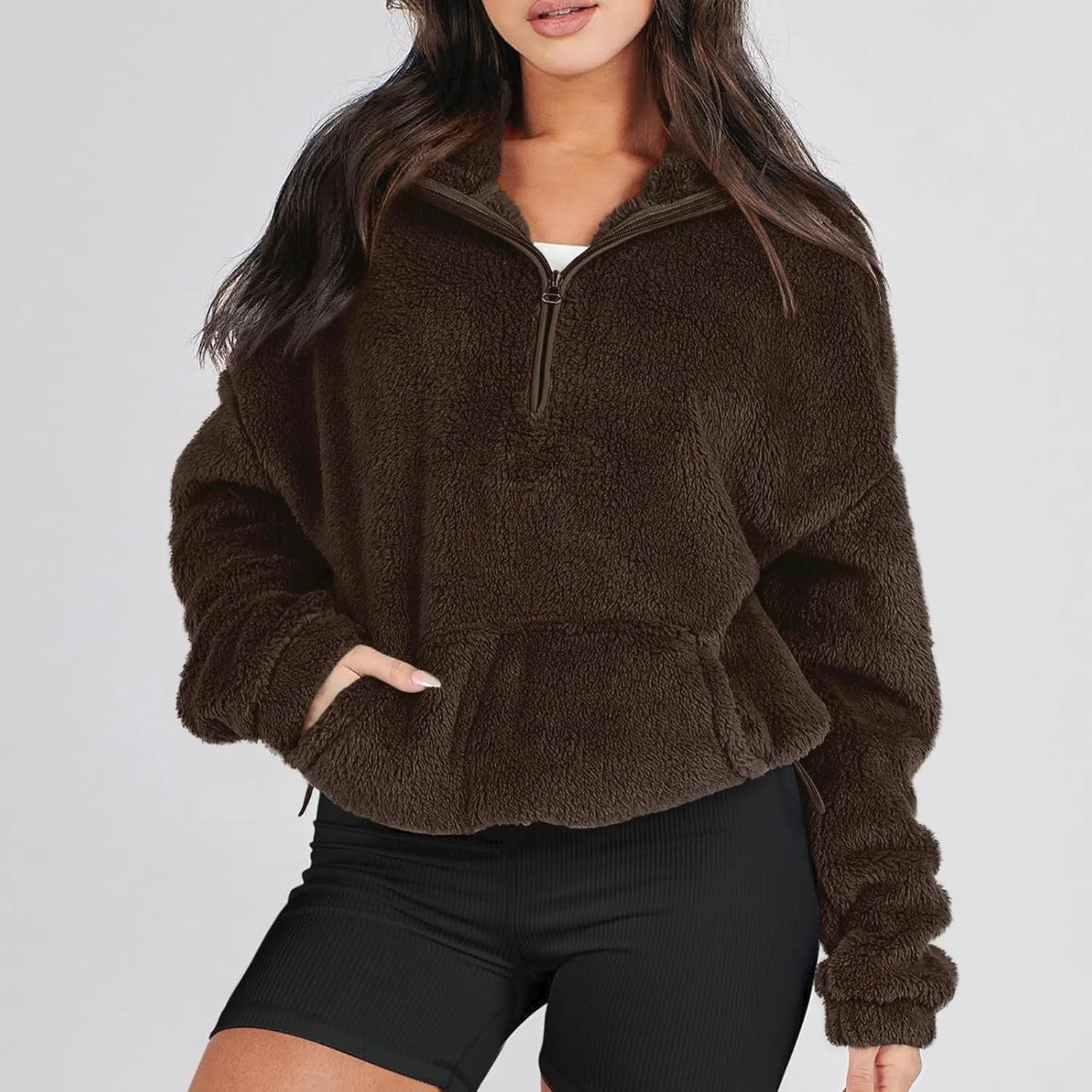 Half Zip Sweatshirt Women Fuzzy Pullover Fleece Sweatshirts Loose Fit Zipper Faux Fur Warm Clothes Winter Tops