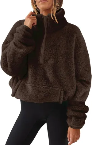 Half Zip Sweatshirt Women Fuzzy Pullover Fleece Sweatshirts Loose Fit Zipper Faux Fur Warm Clothes Winter Tops