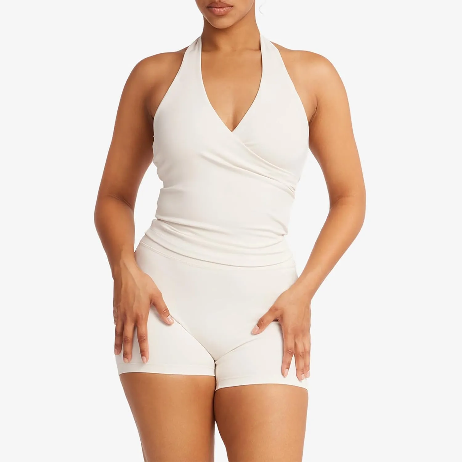 Halter Workout Tops for Women Deep V Neck Ruched Low Cut Halter Tank Tops Backless Gym Tops Fitted Basic Cami Tops