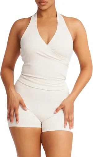 Halter Workout Tops for Women Deep V Neck Ruched Low Cut Halter Tank Tops Backless Gym Tops Fitted Basic Cami Tops