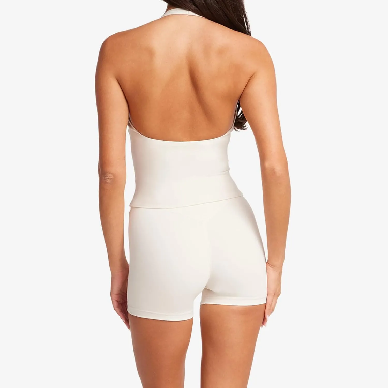 Halter Workout Tops for Women Deep V Neck Ruched Low Cut Halter Tank Tops Backless Gym Tops Fitted Basic Cami Tops